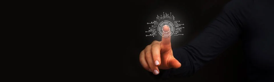 Hand and circle tech on technology background. Stock Photos