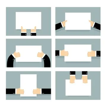 Hand and clean sheet blank billboard set. Business man holding an empty form. Stock Illustration