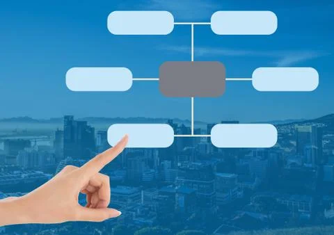 Hand and Colorful mind map over blue background Stock Photos
