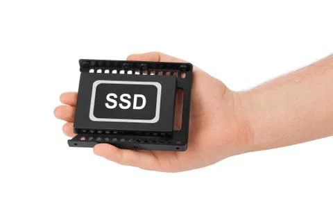 Hand and computer SSD drive Foto stock