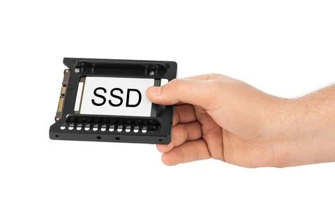 Hand and computer SSD drive Hand and computer SSD drive isolated on white ... Stock Photos