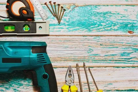 Hand and electric work tools set Stock Photos