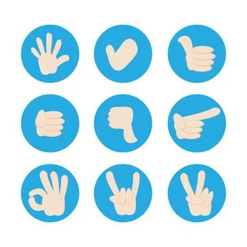 Hand and finger gesture vector set. Flat Cartoon illustration isolated on w.. Illustrazione stock