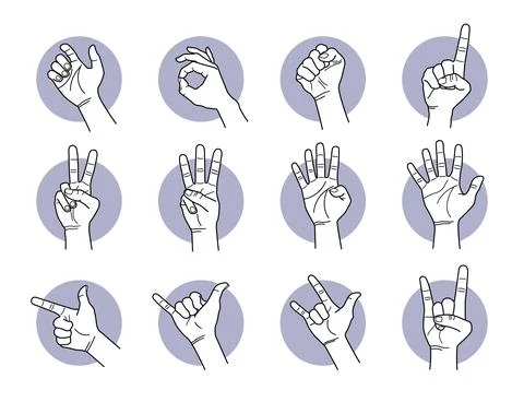 Hand and finger gestures. Vector illustrations of different hand signals and  Stock Illustration