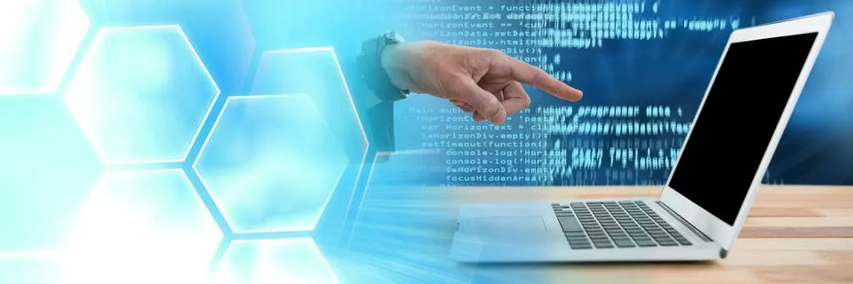 Hand and laptop with Coding text Backgrounds_Coding text and transition Stock Photos