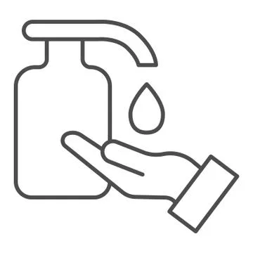 Hand and liquid soap thin line icon. Cleaning hands using antibacterial gel Stock Illustration