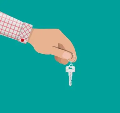 Hand and Metal key with ring in flat style Stock Illustration