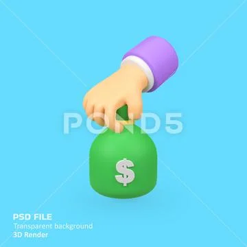 Hand and money bag with dollar isolated 3d render icon illustration PSD Template