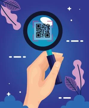 Hand and qr code in magnifying glass Stock Illustration
