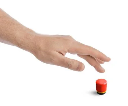 Hand and red button Hand and red button isolated on white background Copyr... Stock-Fotos