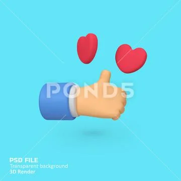 Hand like and red heart love isolated 3d render icon illustration PSD Template