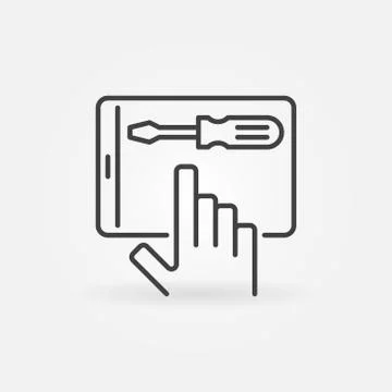 Hand and Tablet with Screwdriver vector line icon Stock Illustration