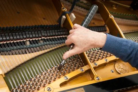 Hand and tools of tuner working on grand piano Stock Photos