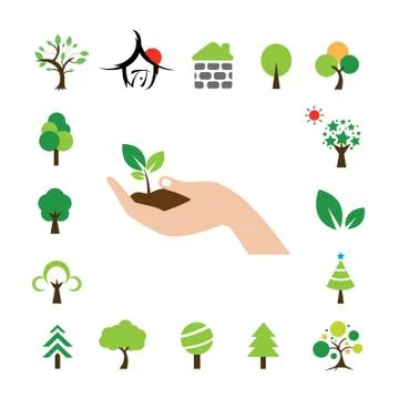 Hand and tree symbol set Stock Illustration