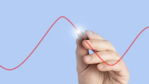 Hand and Virtual Screen with a graph parabola On blue background, business growt Stock Photos