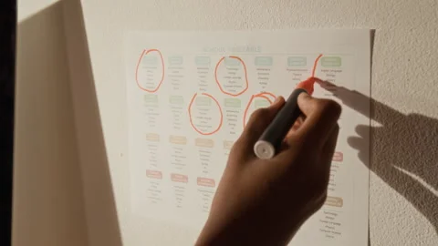 Hand of Anonymous Student Highlighting Study Days on School Timetable Stock Footage 334968640