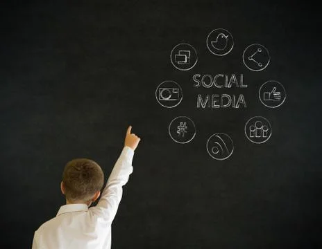 Hand up answer boy business man with social media icons Stock Illustration