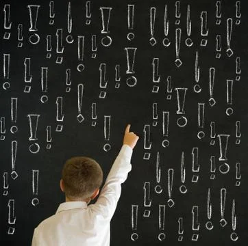 Hand up answer boy business man with chalk exclamation marks Stock Photos