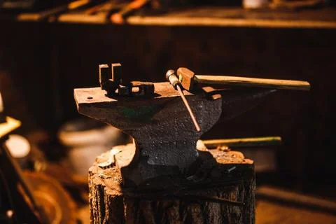 Hand anvil. Tools in old blacksmith shop Stock Photos