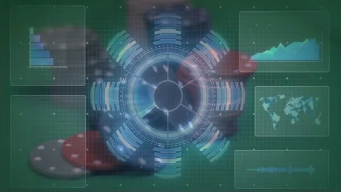 Hand appearing, adjusting chips, syncing holo ring pulsing, panels updating, 動画素材 329454714