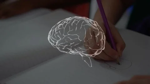Hand appearing and sketching face while purple pencil guiding 3D brain rotating, Stock Footage 330191697