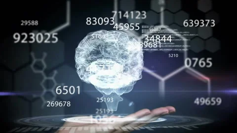 Hand appearing initiating wireframe brain projecting neural data, numbers Vidéo 313618724