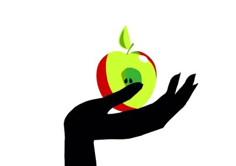 The hand with the Apple. Half an Apple in the palm of your hand. Stock Illustration