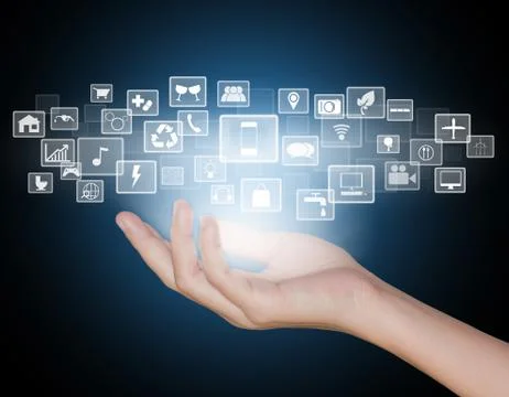 Hand with application button future technology Stock Photos