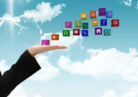 Hand with application icons going out to fly on the sky Stock Photos