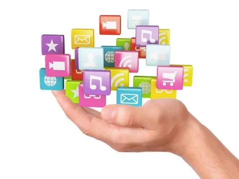 Hand with application software icons. social media concept Illustrazione stock