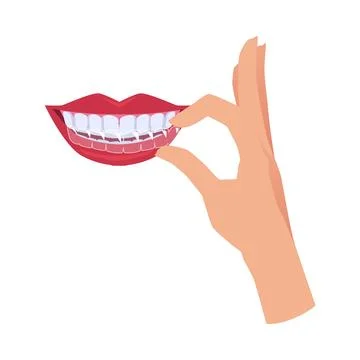 Hand applying clear aligner on teeth, flat vector illustration isolated on white Stockillustratie