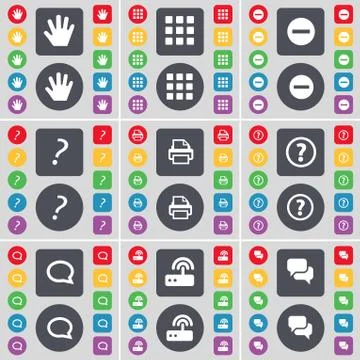 Hand, Apps, Minus, Question mark, Printer, Question mark, Chat cloud, Router, Ch Stock Illustration
