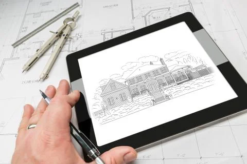 Hand of Architect on Computer Tablet Showing Home Illustration Over House Pla Stock Photos