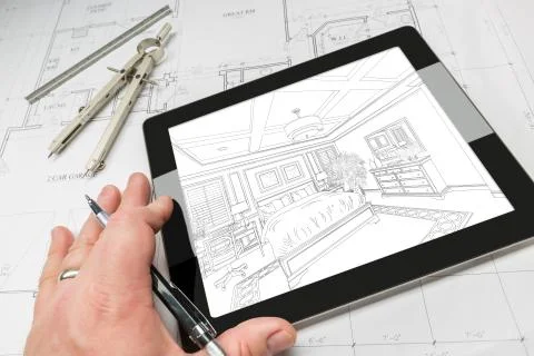 Hand of Architect on Computer Tablet Showing Bedroom Illustration Over House  Stock Photos