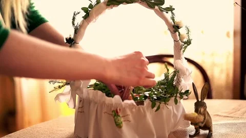 Hand arranging easter basket brought to church to be blessed on Holy Saturday Stock Footage 103836071