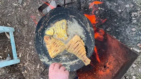 Hand arranging golden fried fish over crackling open fire flames Stock Footage 344302964