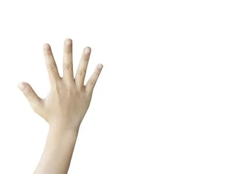 Hand up to ask help on isolated white background, chilren hand closeup with c Stock Photos