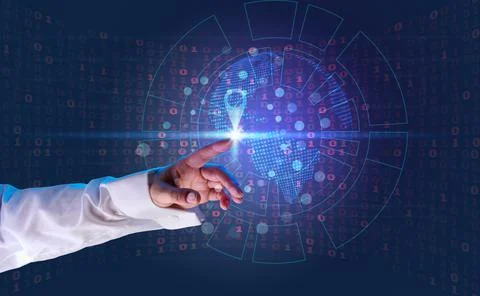 Hand on the background of binary code on a virtual screen 库存照片