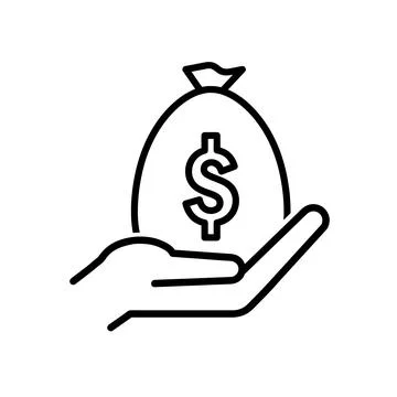 Hand with bag of dollars flat icon. Pictogram for web. Line stroke. Isolated  Stock Illustration