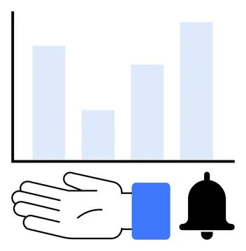 Hand, Bar Chart, and Bell Icon Representing Analytics, Notification, and Gu.. Stock Illustration