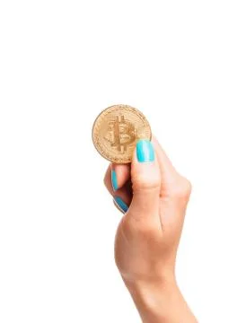 Hand with bitcoin isolated on a white background. Stock Photos