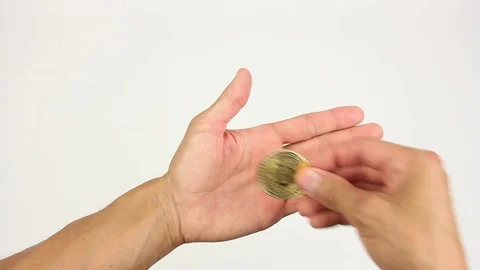 Hand with bitcoin on palm, second hand takes coin, then versa, white background Stockbeeldmateriaal 92370617