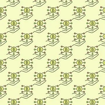 Hand with Bitcoin Technology vector Cryptocurrency colored seamless pattern Stock Illustration
