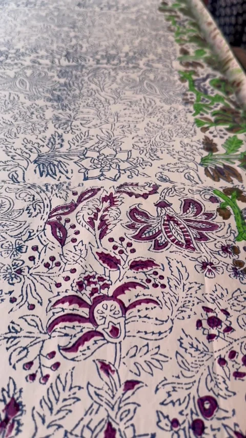 Hand block printing floral pattern on cotton fabric Video stock 344540817