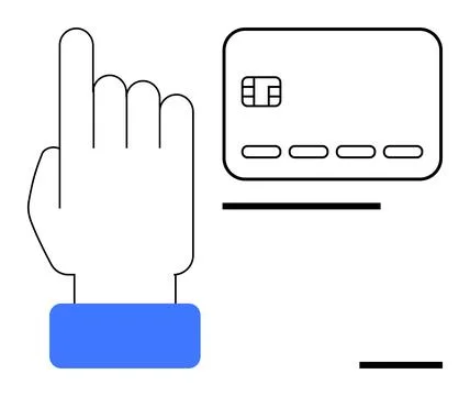 Hand with blue cuff pointing upwards, alongside a credit card, black and whit Stockillustratie