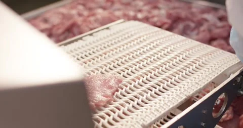 Hand in a blue glove placing a slice of fresh meat on a white conveyor belt in Video stock 339993167