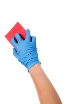 Hand in blue glove with sponge Stock Photos