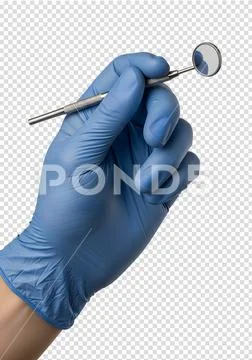 Hand in blue latex glove holding dental mirror, dentistry tool PSD Template