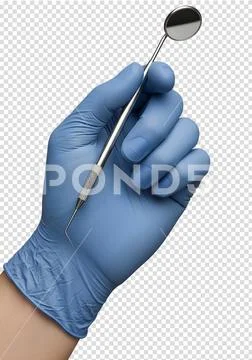 Hand in blue latex glove holding dental mirror, dentistry tool PSD Template