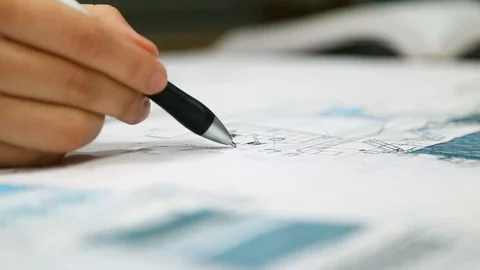Hand blueprint print project Stock Footage 93914476